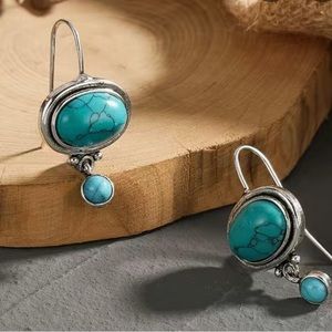 Boho Turquoise Silvery Dangling Hook Earrings